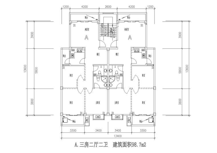 多层一梯两户三室/两室两厅组合户型平面图-04一梯两户户型组合平面图