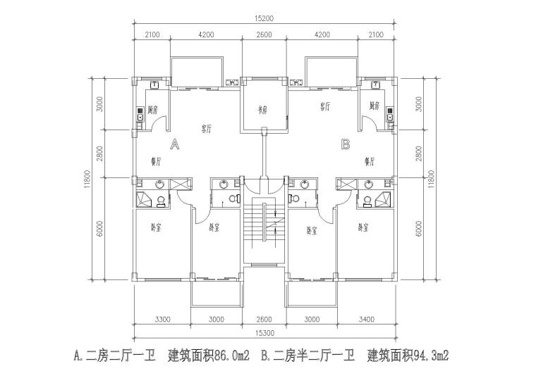 多层一梯两户三室/两室两厅组合户型平面图-06一梯两户户型组合平面图