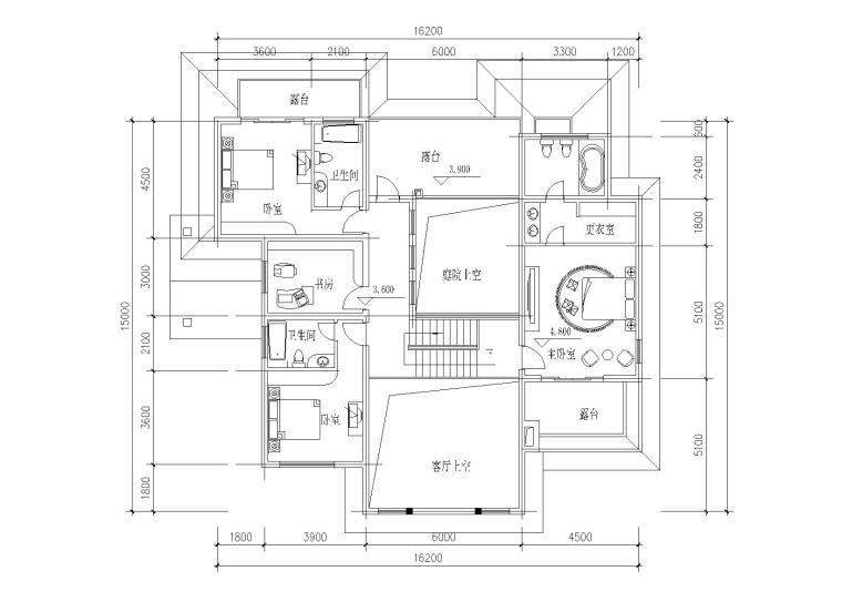 平坡屋顶独栋别墅建筑施工图-二层平面图