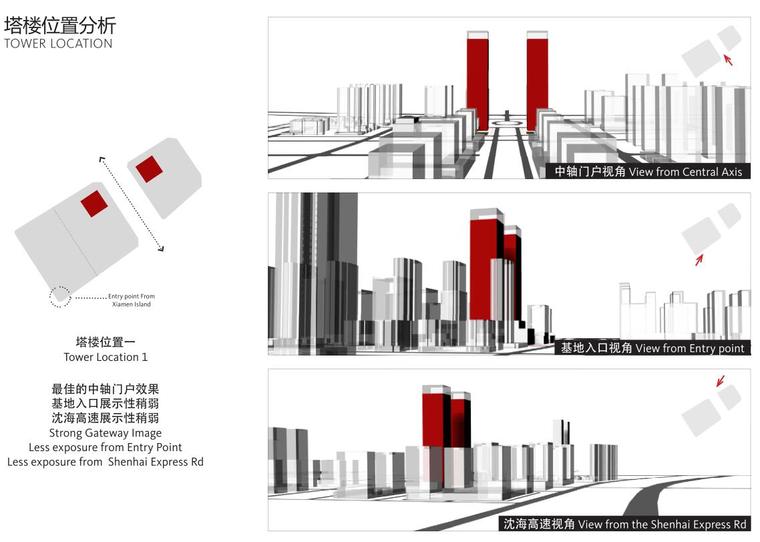 [福建]现代风格超高层综合体建筑概念方案-塔楼位置分析