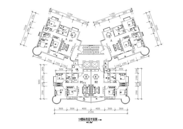 三角公园设计平面图资料下载-某小区塔式高层三室两厅户型平面图