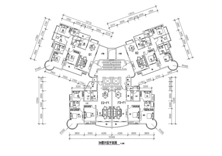 某小区塔式高层三室两厅户型平面图
