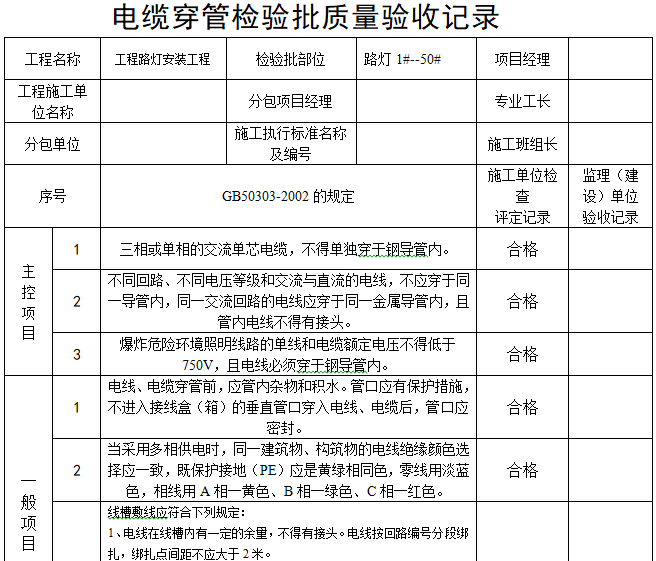 道路路灯工程竣工验收资料（107页）-电缆穿管检验批质量验收记录