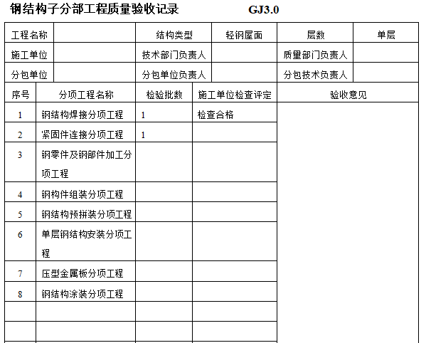 钢结构工程竣工验收表格（全套）-钢结构子分部工程质量验收记录