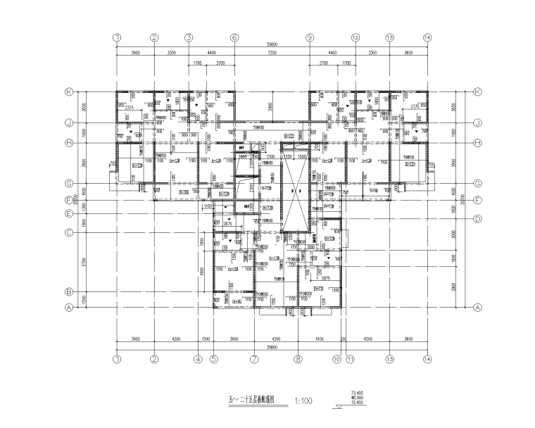 26层剪力墙结构商住楼结构施工图(筏板基础)-五~二十五层板配筋图