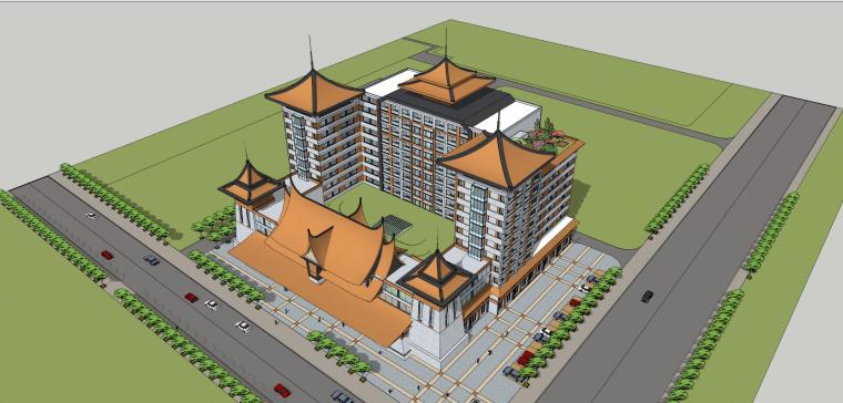 东南亚式风格酒店案例资料下载-东南亚风格普洱酒店建筑模型设计