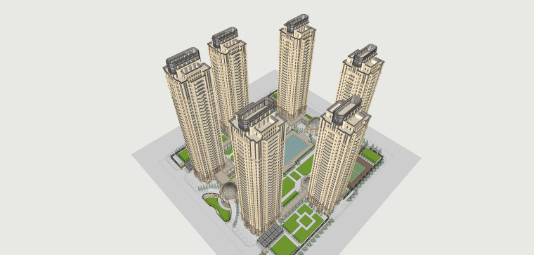 新古典卧室装修资料下载-新古典风格高层住宅建筑模型 
