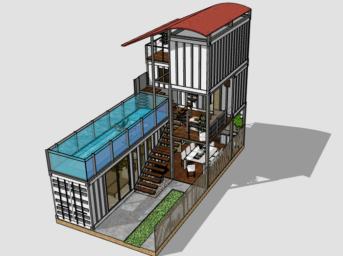 二层集装箱su模型资料下载-二层集装箱私宅建筑模型设计（带泳池）