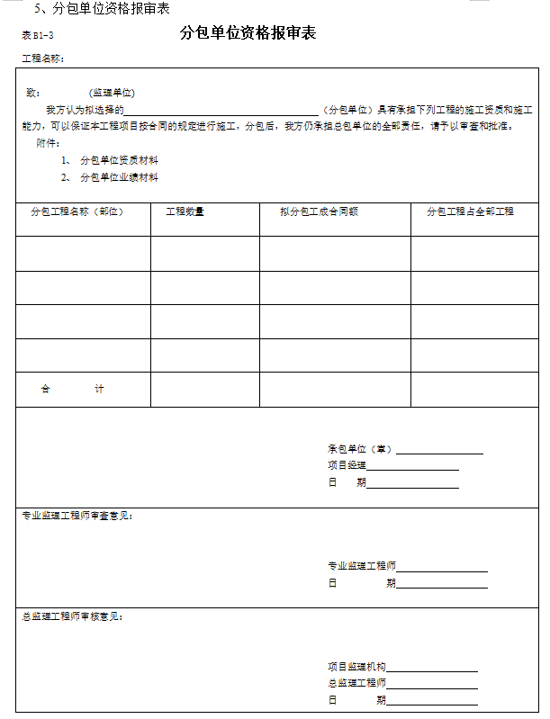 [宁夏]工程监理安全管理资料规程(85页)-分包单位资格报审