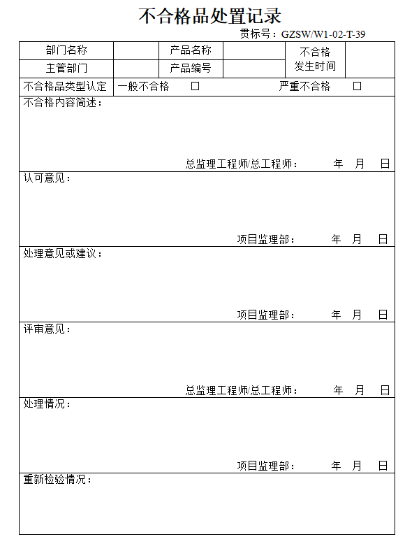 监理内业资料全套范例(147页)-不合格品处置记录