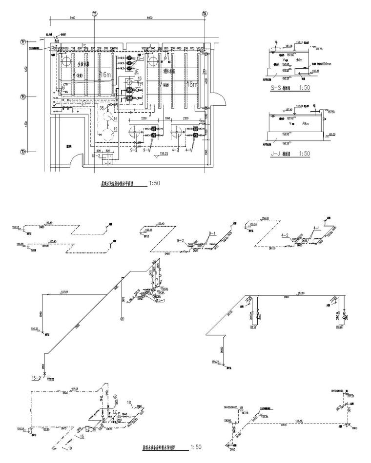 南通国际贸易中心给排水设计施工图-屋顶水设备房给排水平面及系统放大图