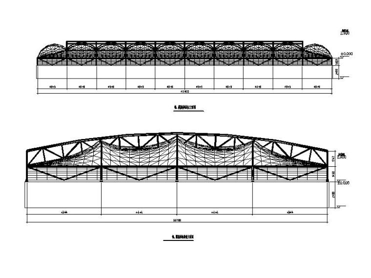 骨架支撑式钢膜结构施工图（鼓风曝汽池）-钢、膜整体结构侧立面图