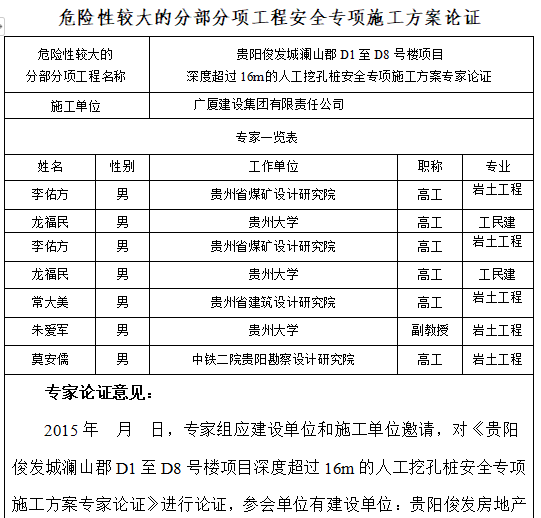 超16m人工挖孔樁專項施工方案專家論證意見