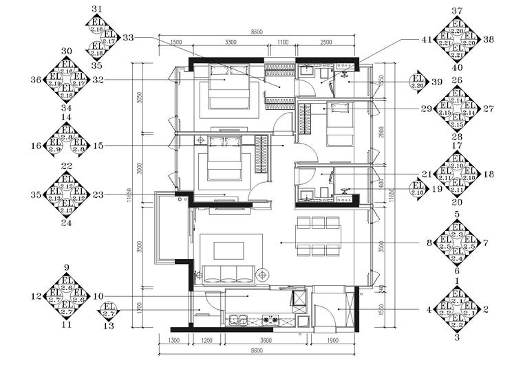 [深圳]​京基长源项目4栋2层B户型施工图-立面索引图