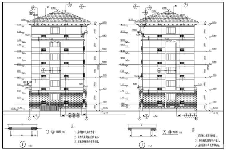 六层住宅楼施工图建筑设计说明(建施施工图)-测立面图