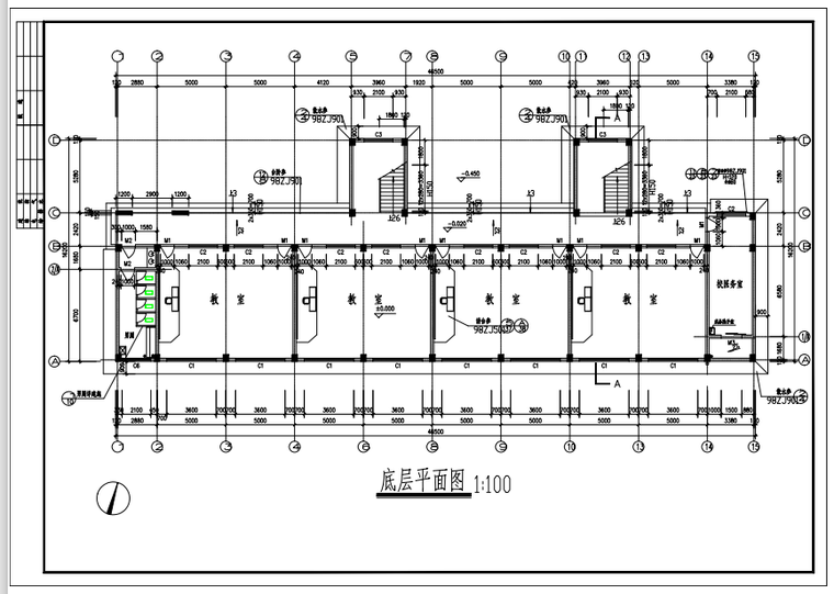 全套教学楼建筑结构施工图(框架结构)-底层平面图