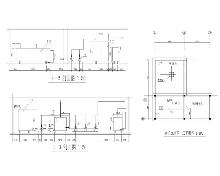 北京地区15万平米居住小区锅炉房工艺设计图-泵房剖面图、底层平面图