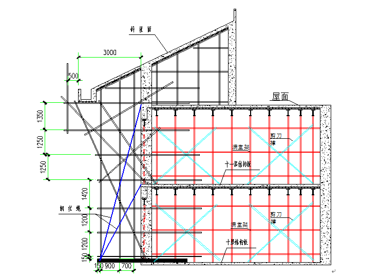 斜屋面悬挑式脚手架施工方案（含大图计算）-2悬挑架搭设剖面图