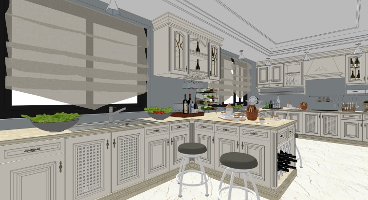 欧式古典风格厨房资料下载-欧式风格厨房空间室内SU模型设计（7）