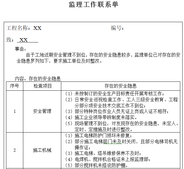 房建工程现场安全隐患监理工作联系单-监理工作联系单