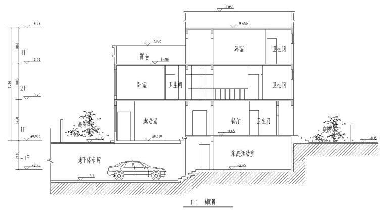 三层合院住宅建筑住宅楼设计图-1-1剖面图