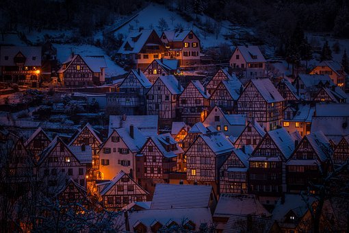 架构, Fachwerkhäuser, 夜, 照亮, 村, 城市, 黄昏, 老