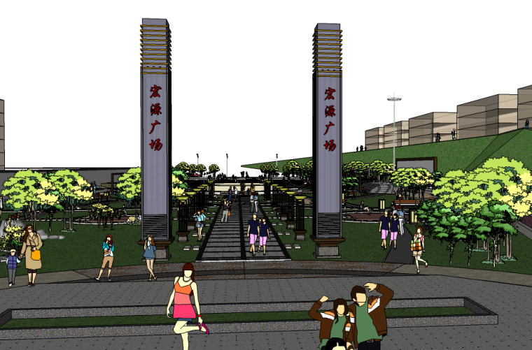 中式广场设计模型资料下载-中式广场su模型