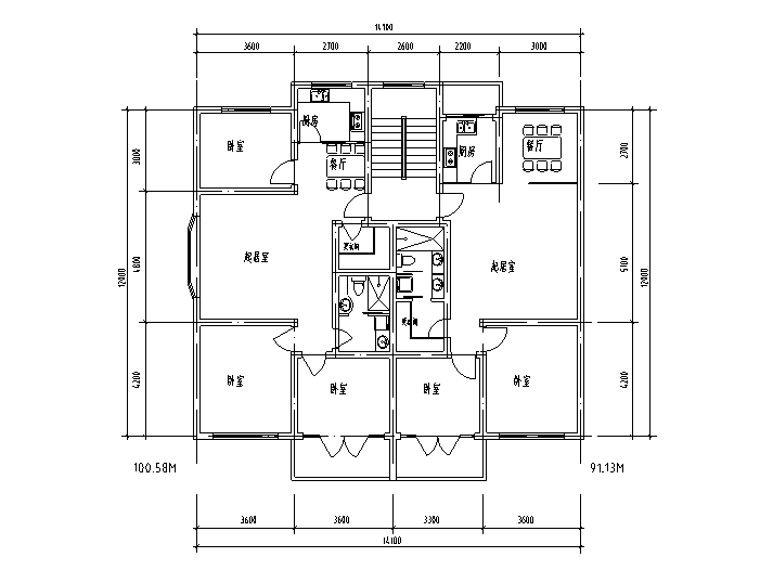 一梯两户住宅户型设计图(面积100至110㎡)