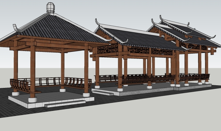中式现代木质景观亭资料下载-中式景观廊、景观亭su模型