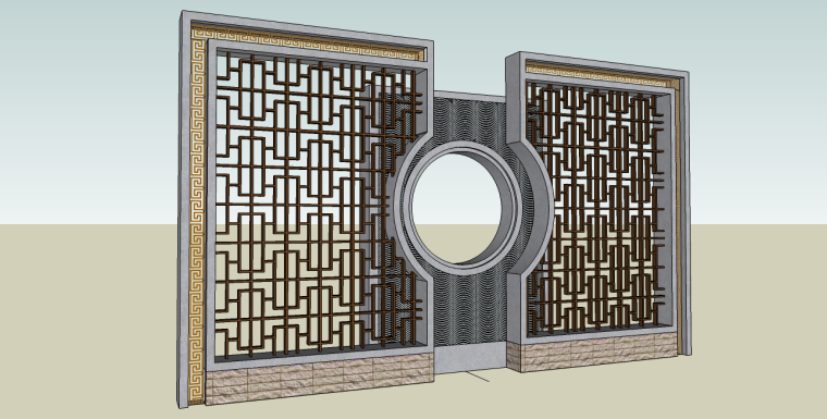 中式景墙景墙施工图资料下载-中式格栅景墙su模型.