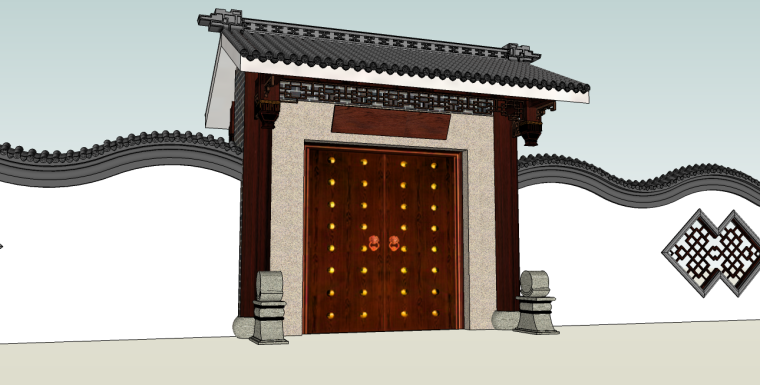 中式别墅庭院模型资料下载-景观庭院红色中式大门su模型