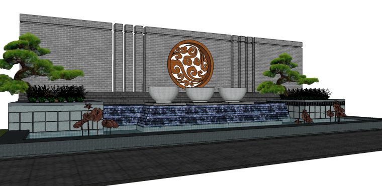 中式水景墙效果图资料下载-中式景墙水景墙su模型（荷花池）