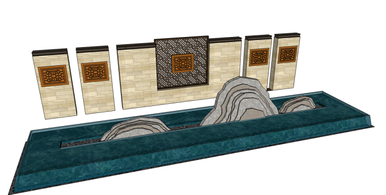 中式水景墙效果图资料下载-新中式景墙水景墙su模型