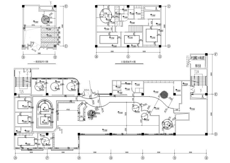 两岸咖啡厅室内装修工程CAD施工图-一二三层天花尺寸图