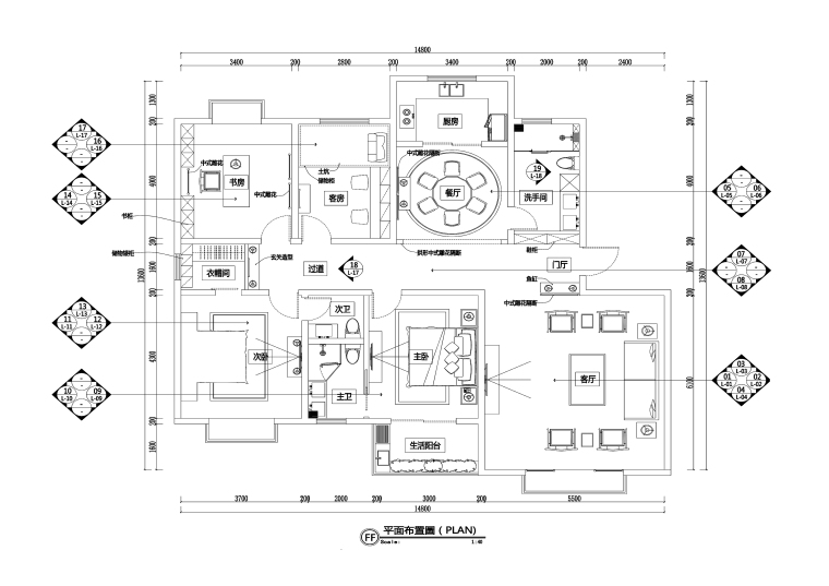 四居室175施工图资料下载-160平中式风格四居室住宅装修施工图+效果图