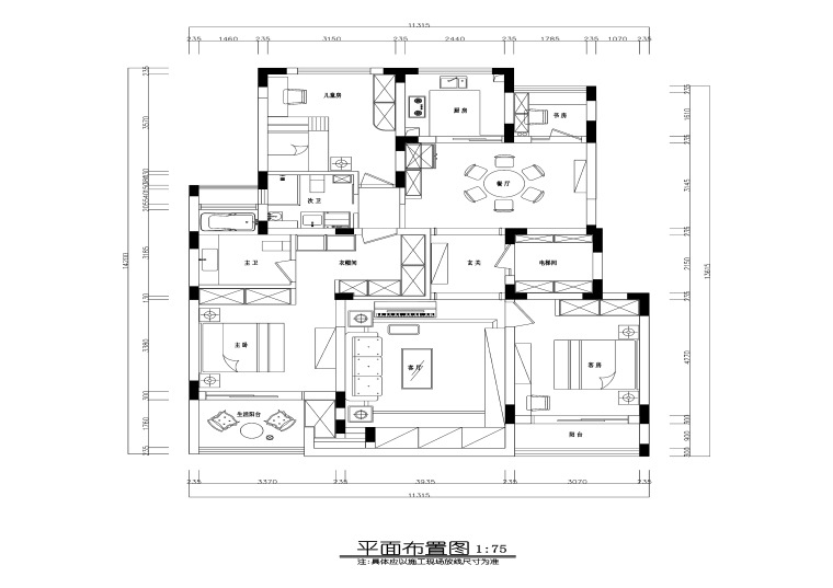 三居室吊顶效果图资料下载-美式风格三居室住宅装修施工图+效果图