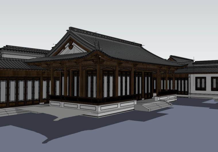 三间两廊民居模型资料下载-中式庭院仿古民居住宅小巷雕花廊su模型