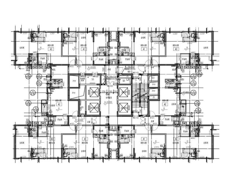 4栋超高层商住楼建筑施工图(含商业裙房)-A栋平面图