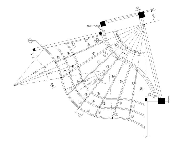 扇形木走廊施工图资料下载-某曲面扇形钢结构悬挑雨棚施工图（CAD）