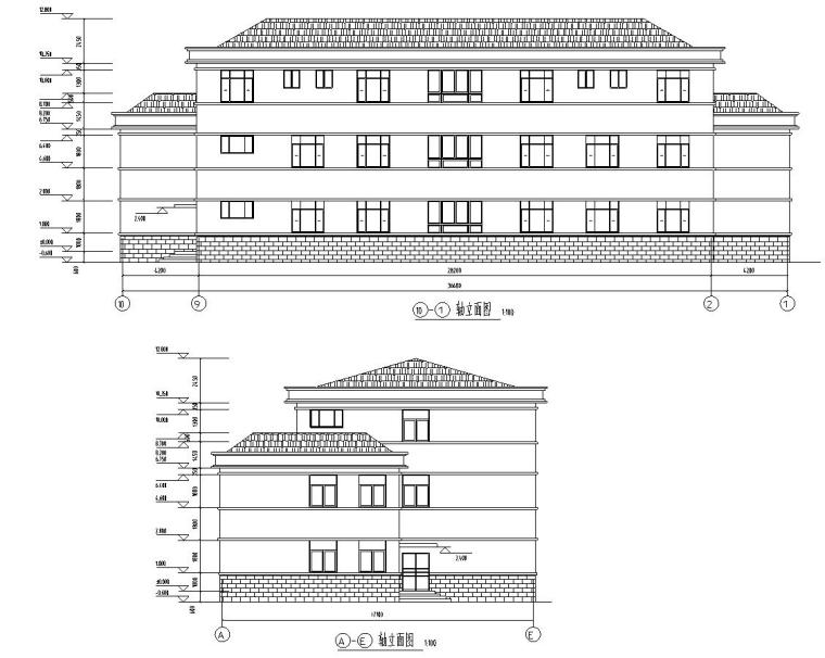  三层办公楼建筑施工图​-轴立面图一