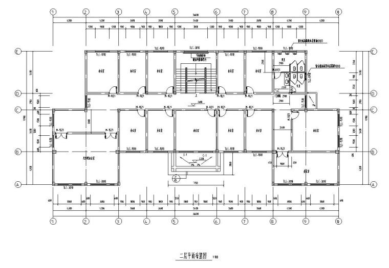  三层办公楼建筑施工图​-二层平面图