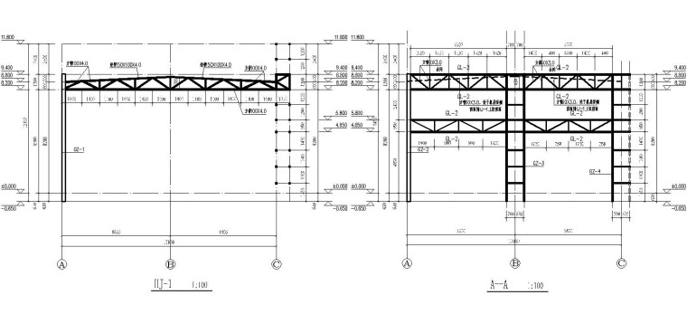 四川某售楼部钢结构桁架全套施工图（CAD）-7结构剖面图
