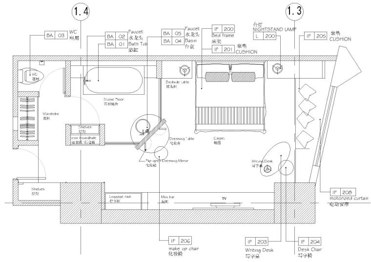 [上海]环球东亚大酒店L4样板房装饰施工图-L4样板房-家具平面布置图