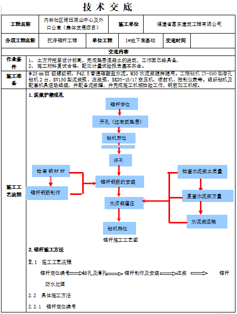 地下室工程技术安全措施资料下载-地下室抗浮锚杆工程技术交底（标准模板）