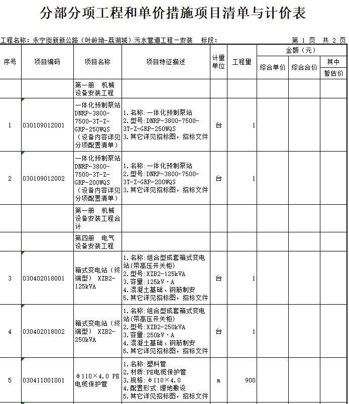 污水管道工程图纸（含招标文件清单）-6、分部分项工程和单价措施项目清单与计价表