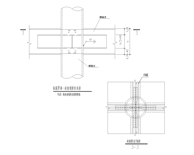 圆钢管混凝土柱构造大样图-纵筋贯通-承重销梁柱连接