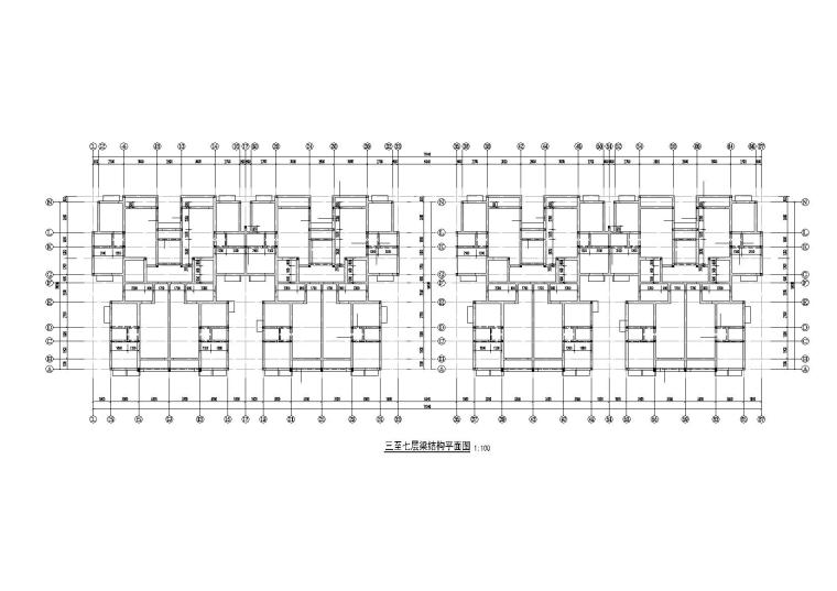 某七层砖混及框架住宅楼结构施工图纸-三至七层梁结构平面图