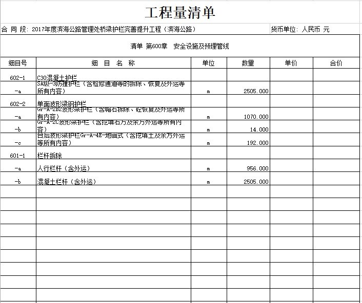 桥梁护栏完善提升工程图纸招标文件-4、工程量清单