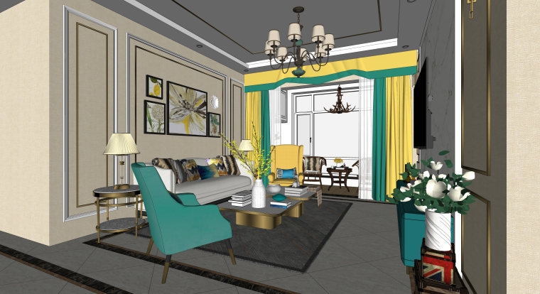 su模型餐厅空间资料下载-美式风格客餐厅空间SU模型设计