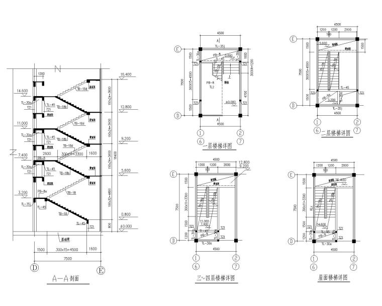 某四层小型商业混凝土结构施工图（CAD）-6楼梯大样及详图